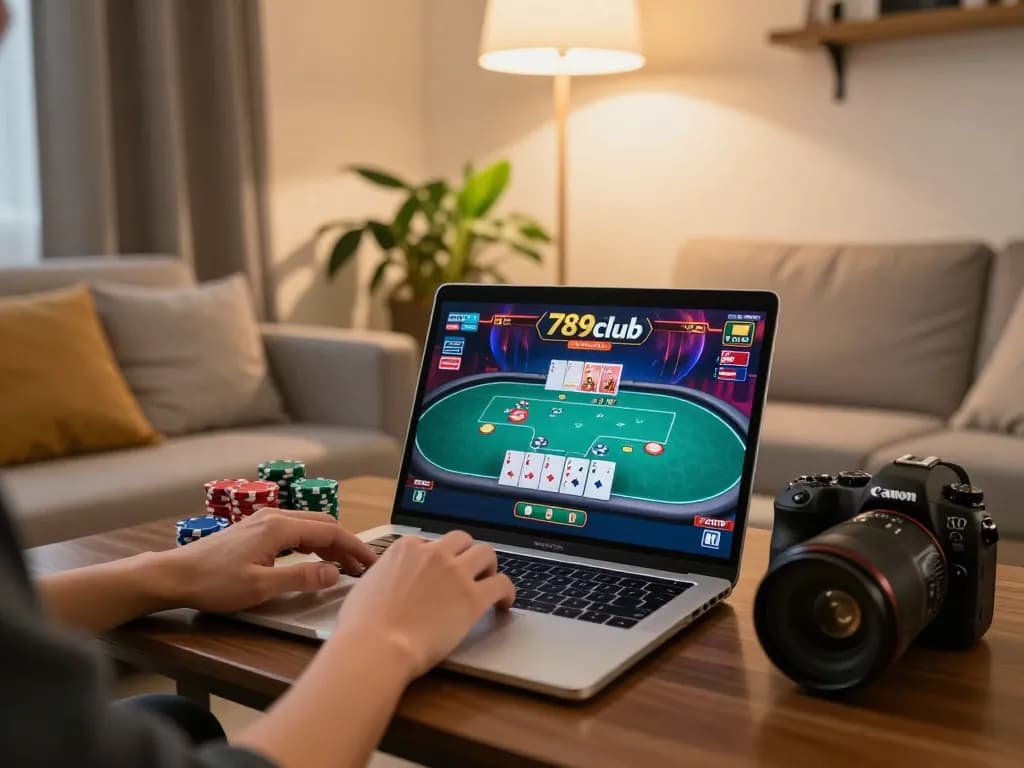 Engaged player at 789club online casino showcasing poker gameplay on a laptop in a cozy home setting