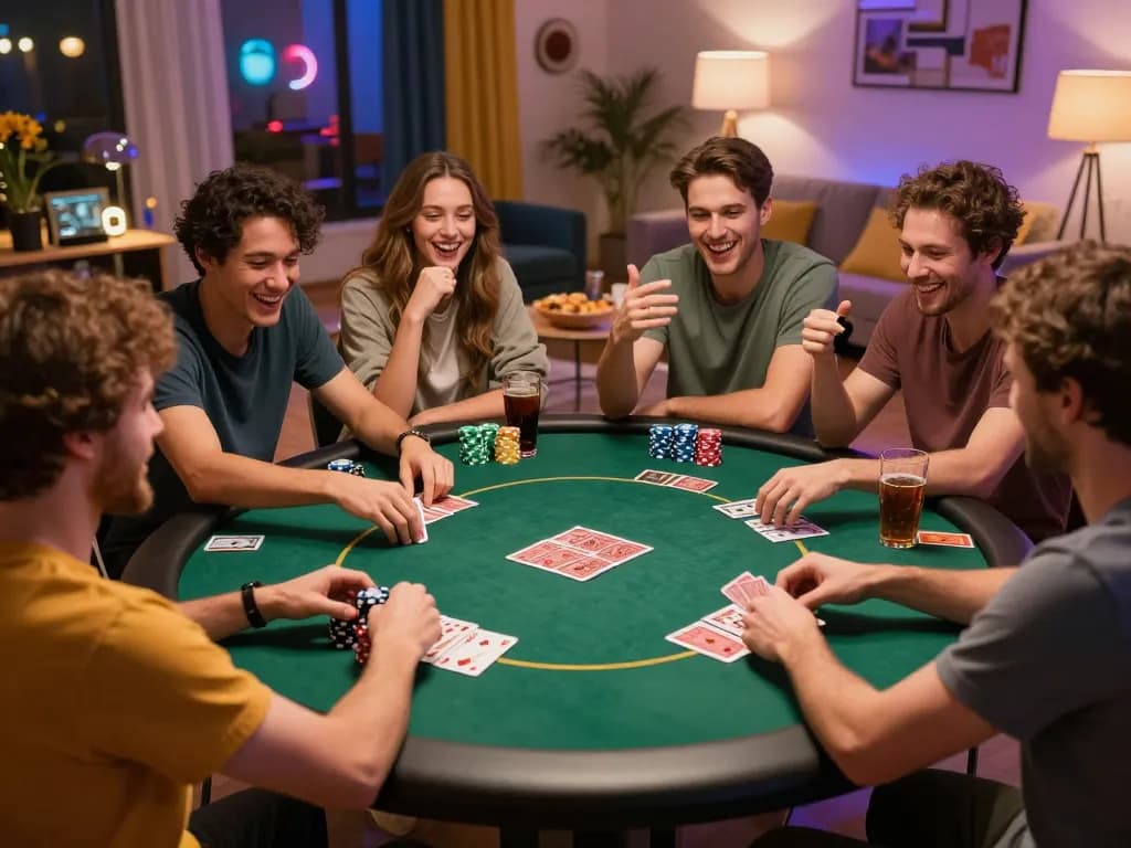Friends playing poker at home while enjoying a gaming night on ph22.net.ph, showcasing excitement and camaraderie.