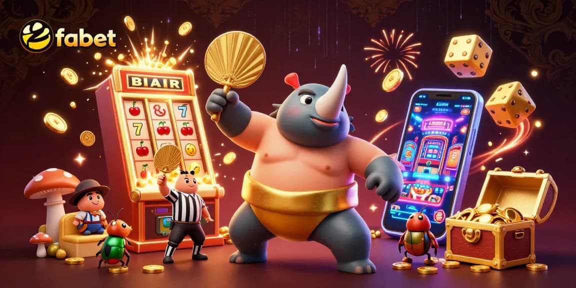 Experience epic wins at fabet while a rhinoceros beetle sumo champion stomps for jackpot coins.