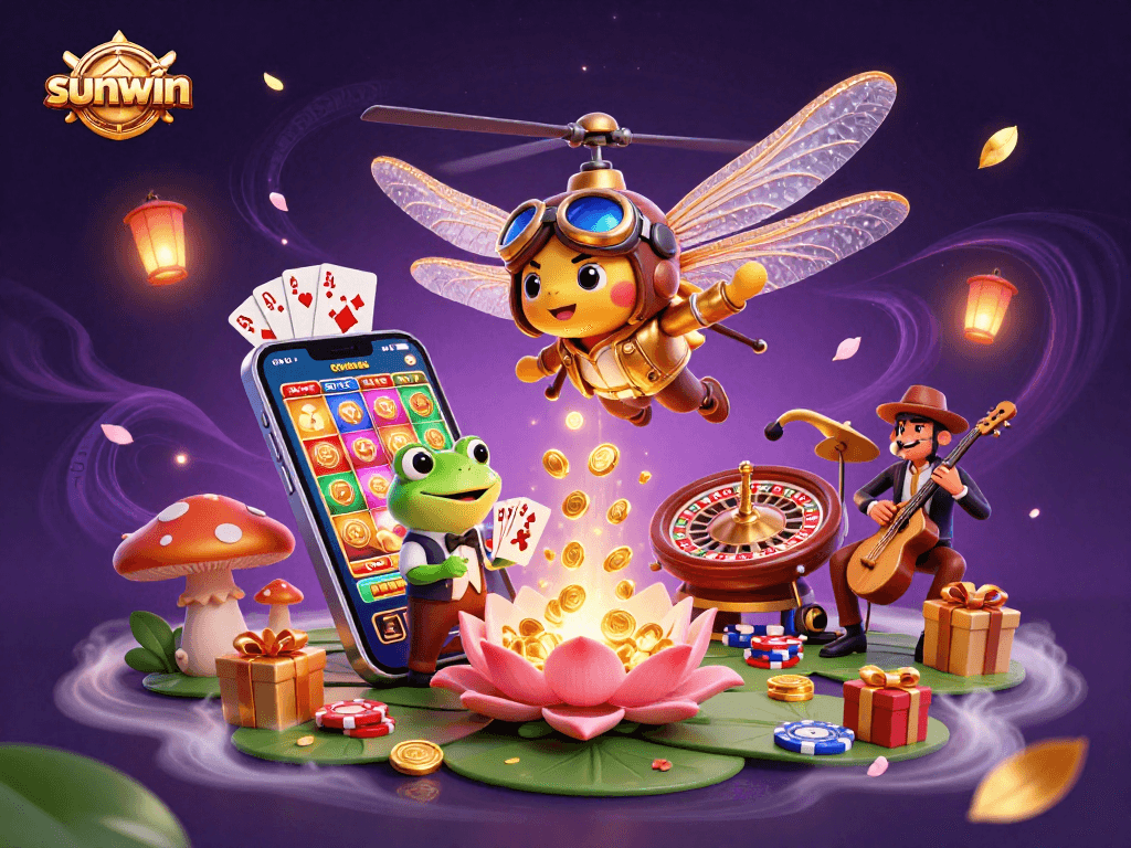 Embrace the excitement with sunwin at a vibrant lily pad casino featuring a dragonfly pilot and musical frog.