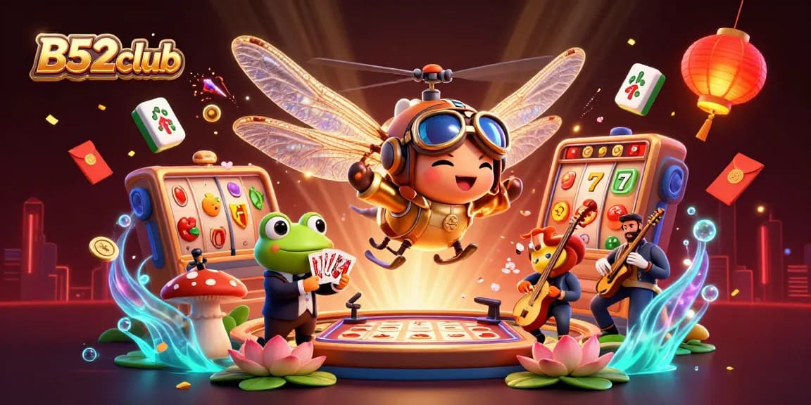 Experience the excitement of B52club with 3D illustrations featuring vibrant casino elements like slot reels and lucky symbols.