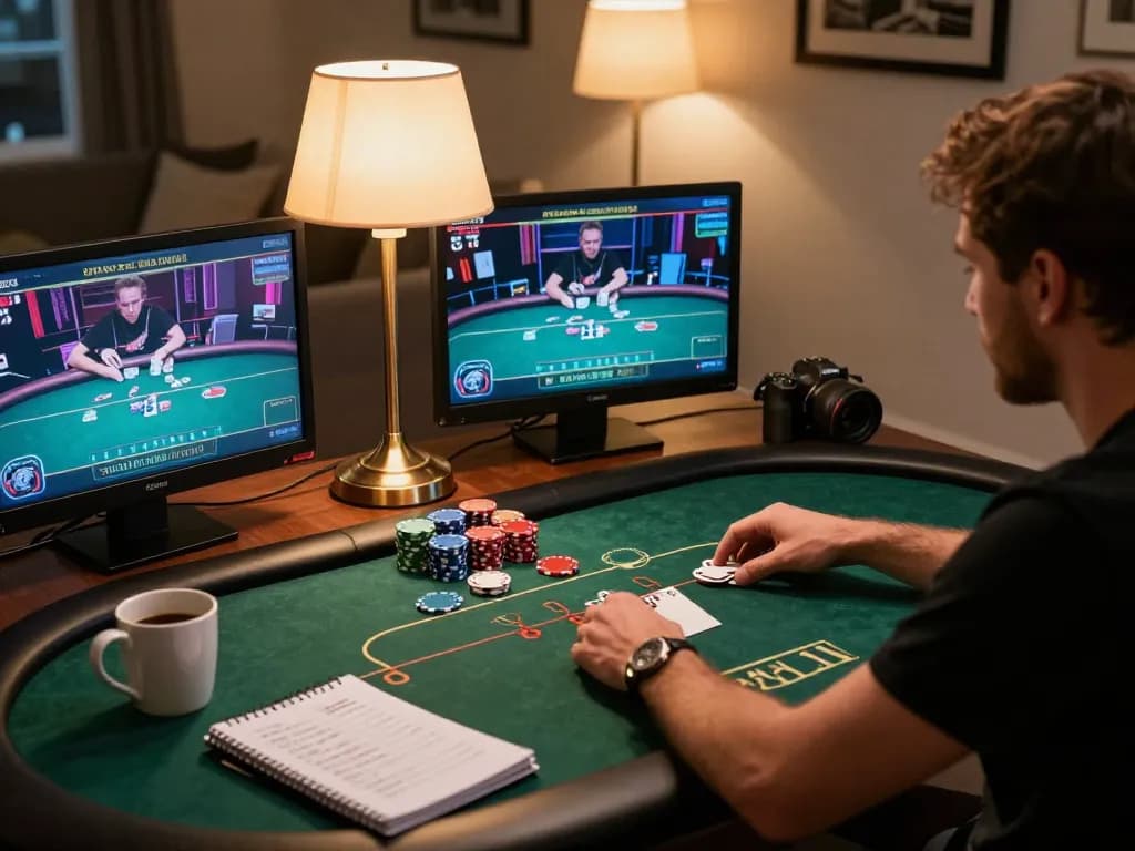 Player engaging with nhat vip online casino poker game, focused on strategy with notes and coffee.