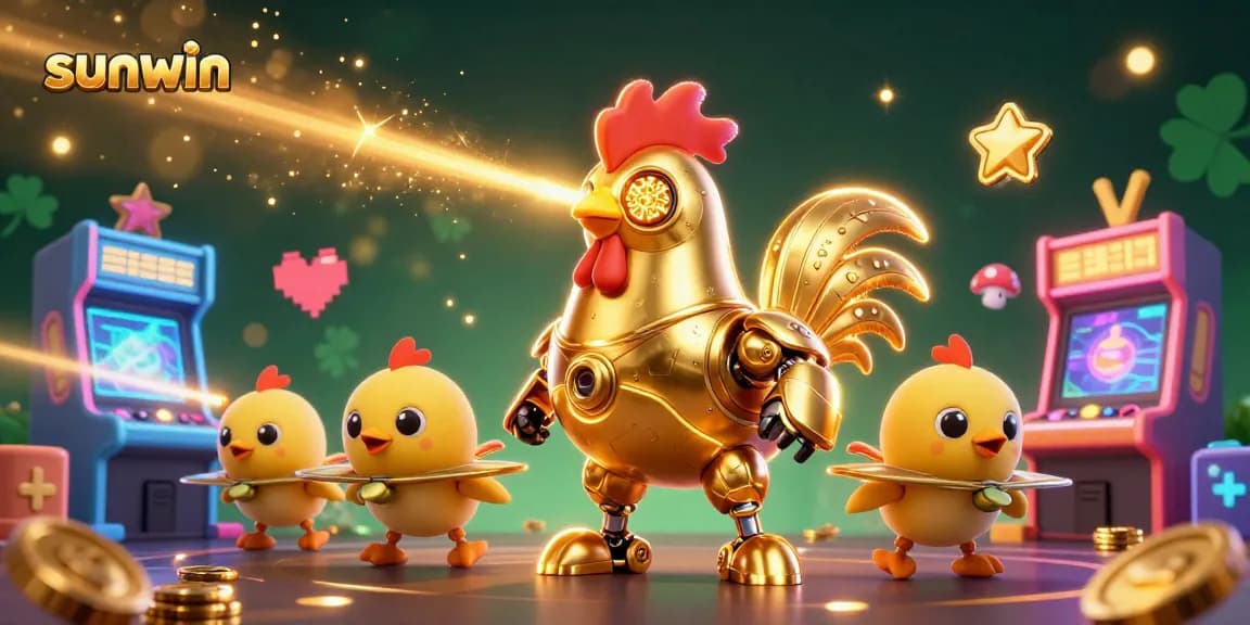 Engage with the dynamic sunwin casino experience featuring a golden rooster robot and baby chick drones amidst vibrant gaming elements.