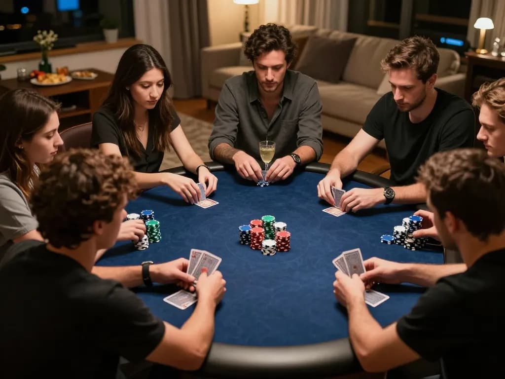 Playing poker with friends while discussing strategies at home, showcasing PP9Win Register and social gaming.