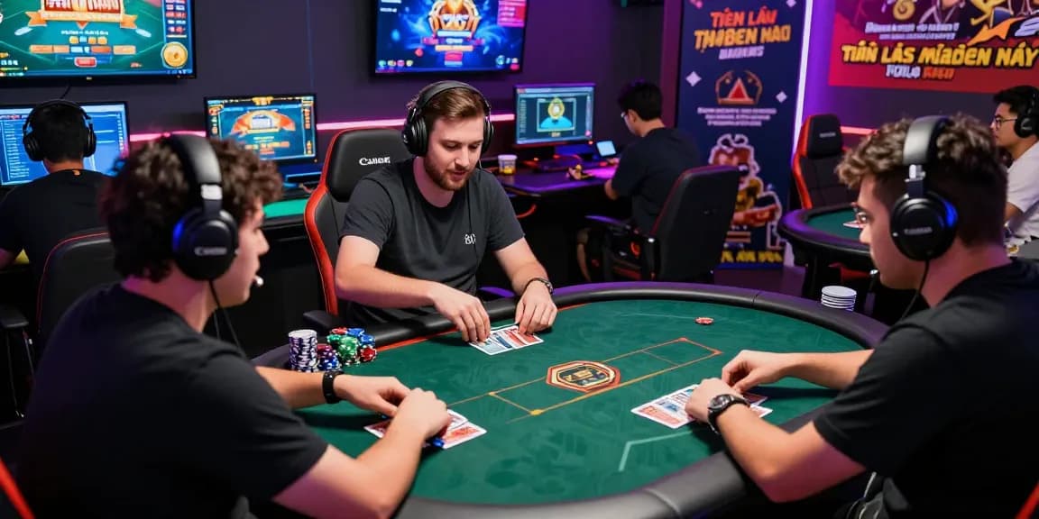 Exciting players enjoying game đổi thưởng in a vibrant gaming setup, showcasing cards and chips.