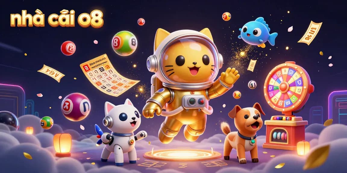 Engaging scene featuring nhà cái o8 with cartoon astronaut cat, robot dog, and vibrant gambling elements