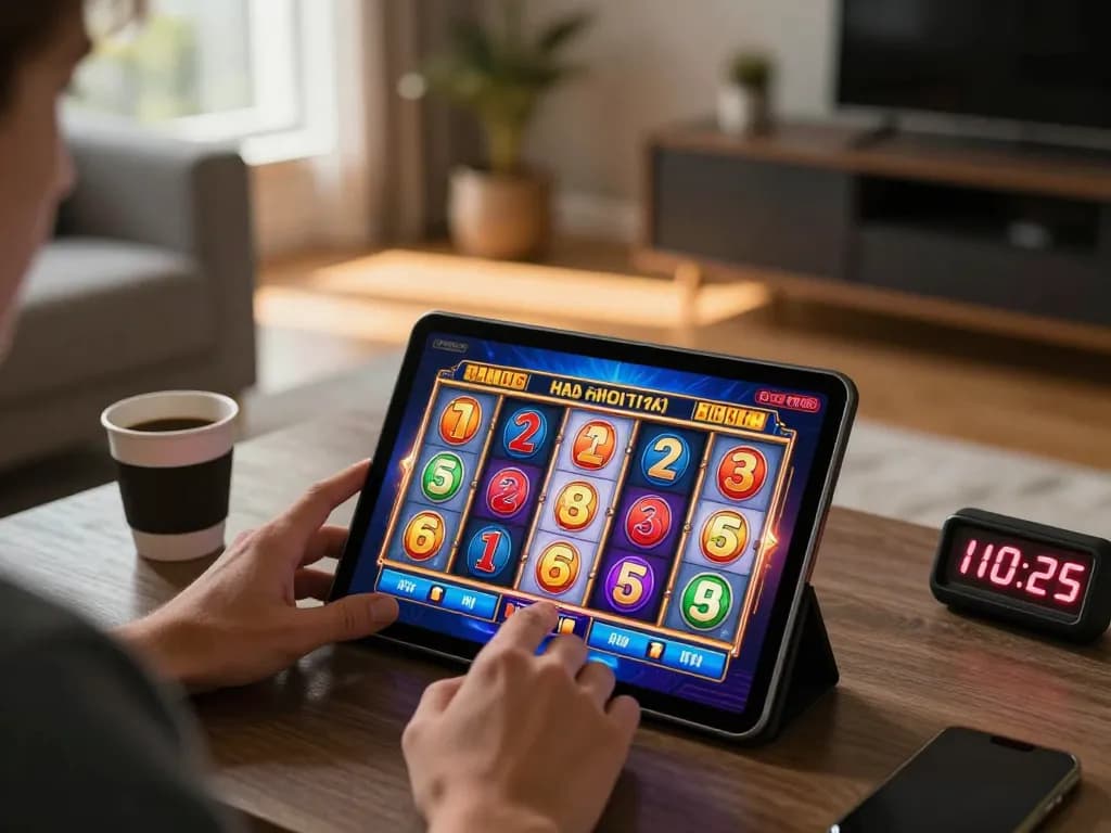 79king player enjoying a thrilling slot game while gaming responsibly in a cozy setup.