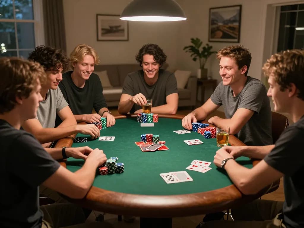 Friends strategizing over poker chips during a game night at SV368