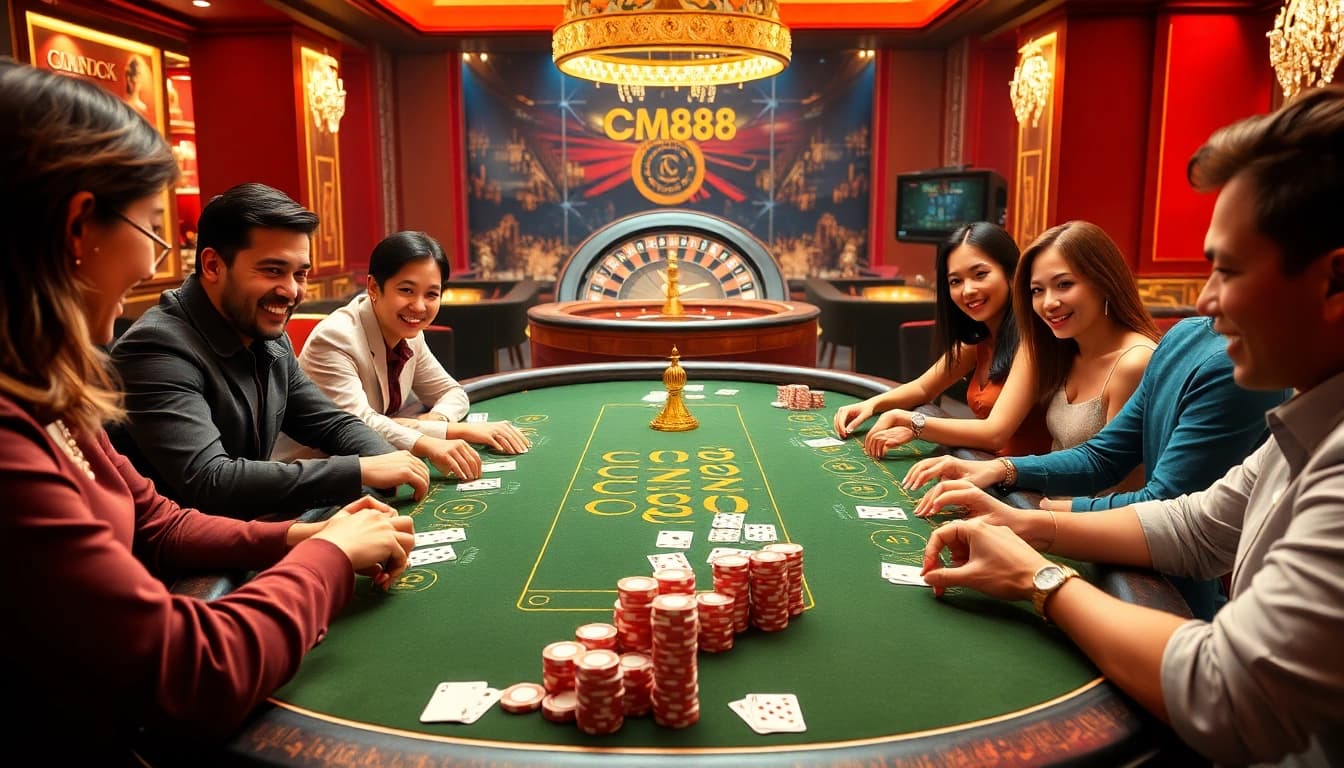 Players enjoying poker at the CM88-themed casino table, showcasing excitement and luxury.