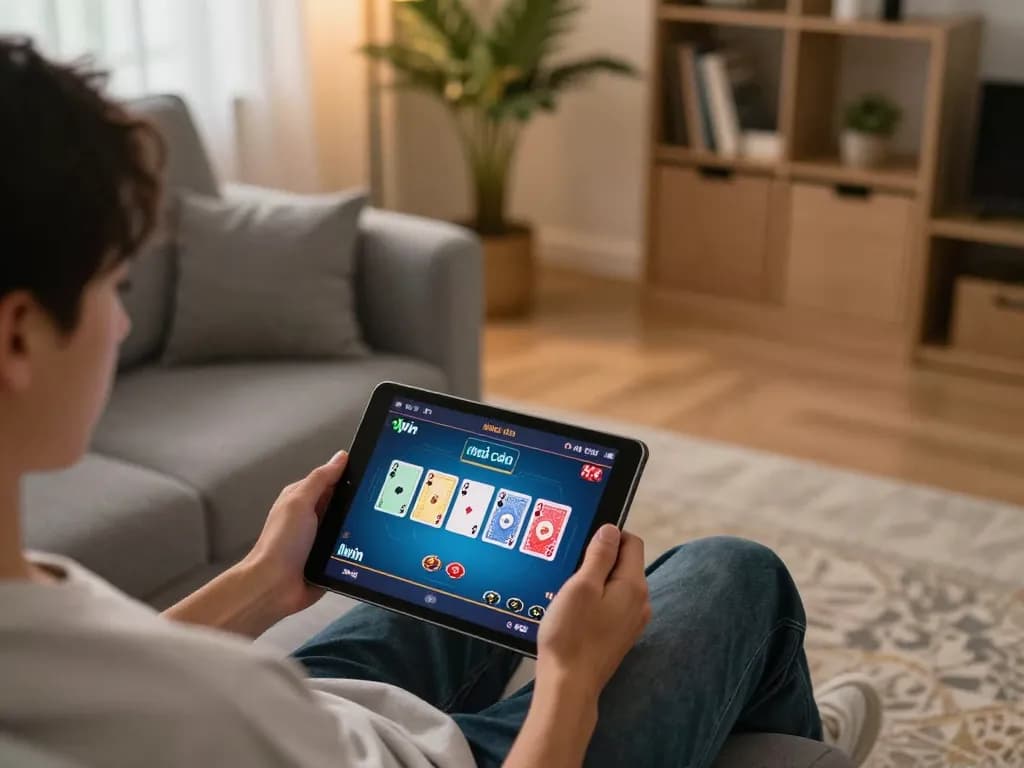 Engaging online gaming moment at nhà cái llwin with vibrant poker interface on tablet.