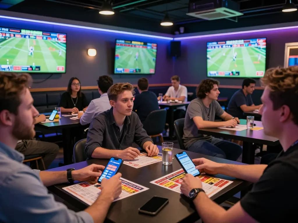 Kèo nhà cái showcased with sports enthusiasts eagerly placing bets in a vibrant sports betting lounge