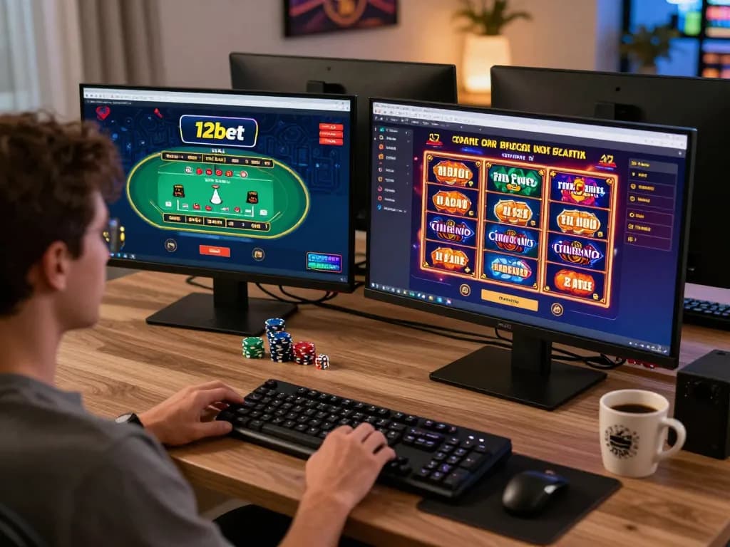 Person gaming on multiple screens showing 12bet online casino layout with live dealer tables.