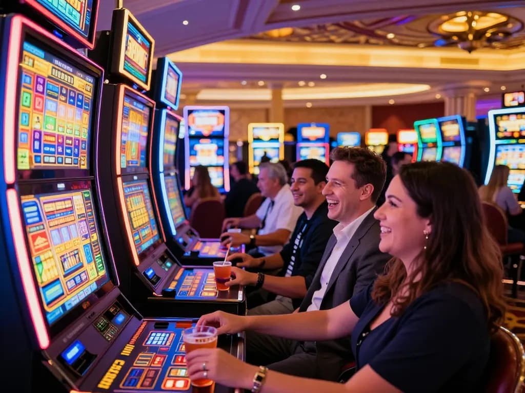 Okwintv players celebrating wins at bustling slot machines in vibrant casino atmosphere