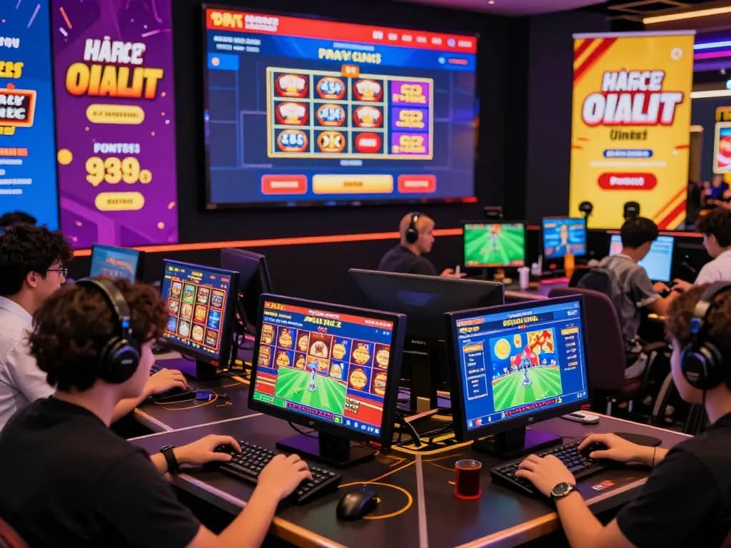 Engaging gaming atmosphere at nhà cái Onbet with players enjoying online betting and colorful game displays.