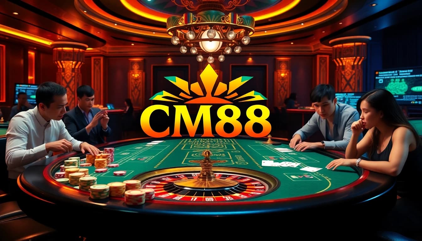 Experience thrilling gambling with CM88 at an upscale casino table filled with poker chips and cards.