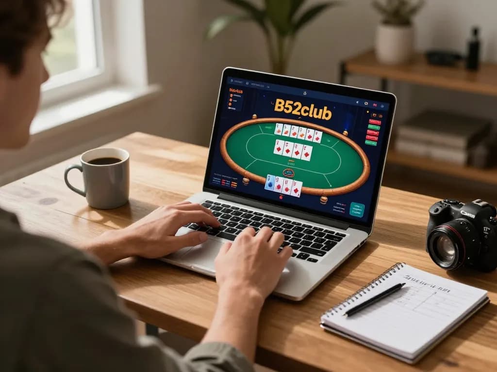 B52club players immersed in strategic poker gameplay on their laptop, enhancing their gaming experience at home.
