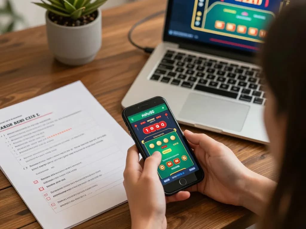 A gambler engaging with the nohu90 app on a smartphone while taking notes for effective betting strategies.