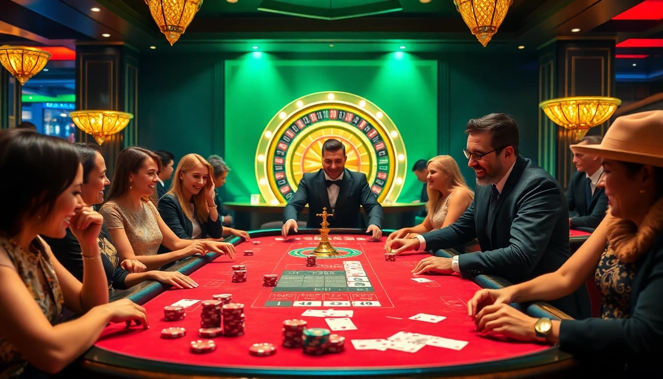 Engaging players immersed in the 789f game at a vibrant casino table filled with chips and cards.