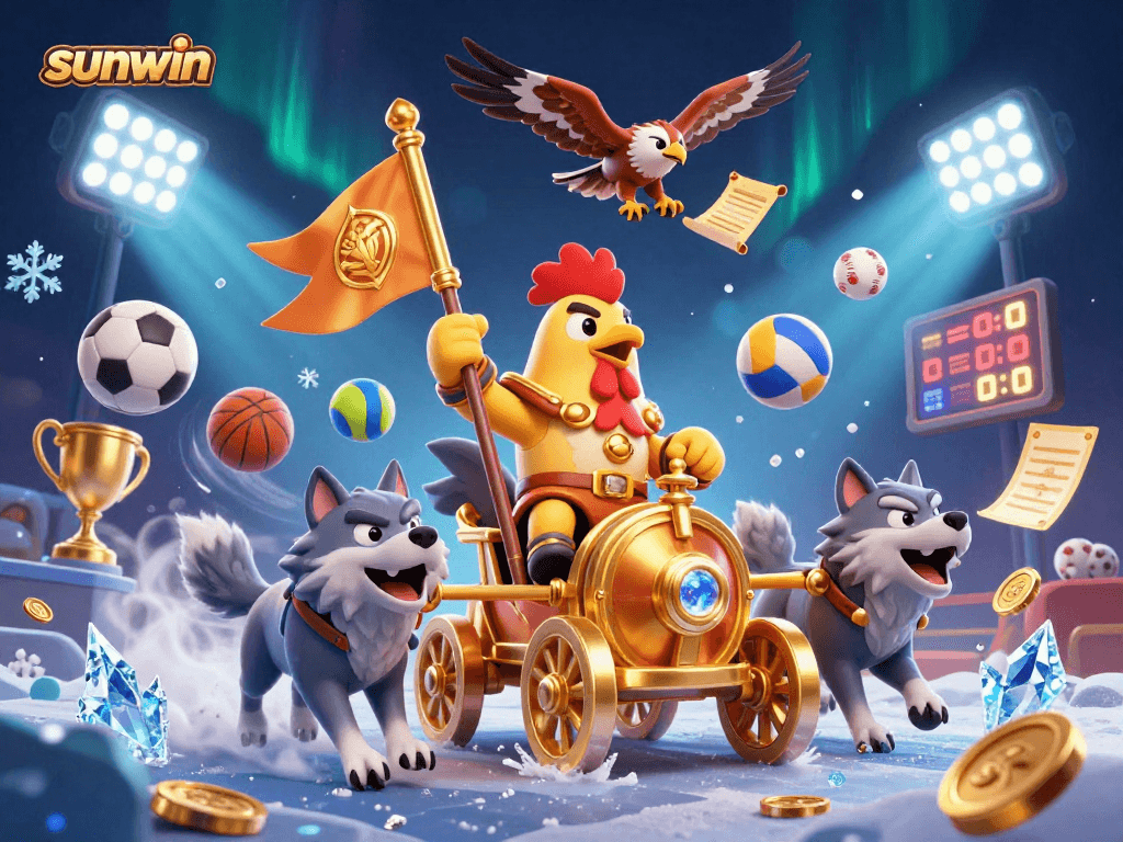 Sunwin features a vibrant 3D scene with sports betting elements and a rooster warlord leading a golden chariot.