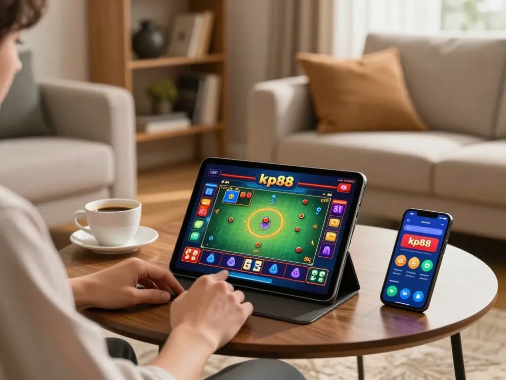 Engaging in kp88 game on a tablet in a cozy home setting while enjoying coffee.