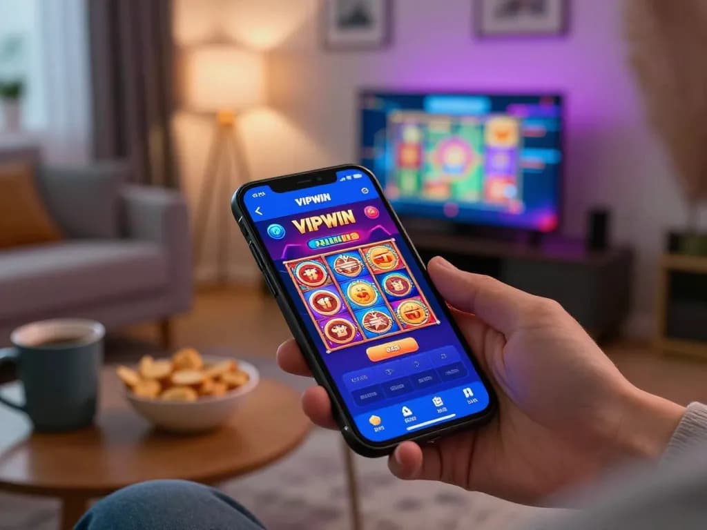 Engaging in VIPWIN mobile gaming, user plays colorful slots on smartphone in a cozy home setting