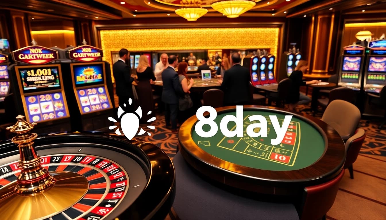 8day casino scene featuring vibrant games, players engaged, and an inviting atmosphere.
