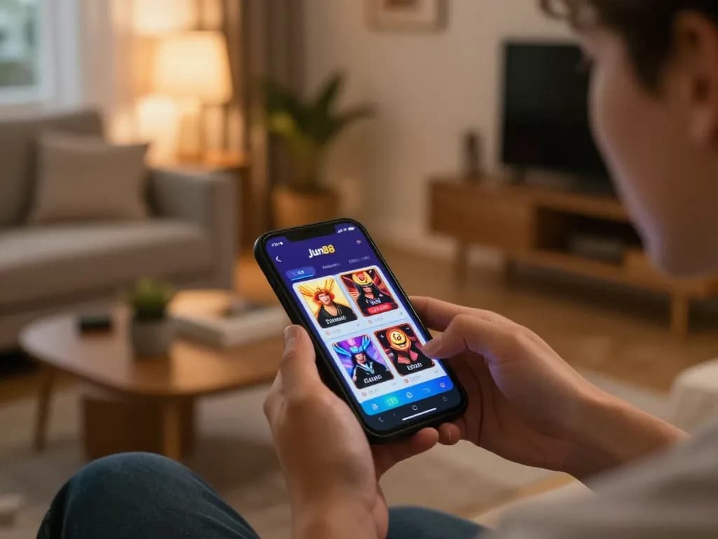Player using the Jun88 app on smartphone for live casino action in a cozy home setup
