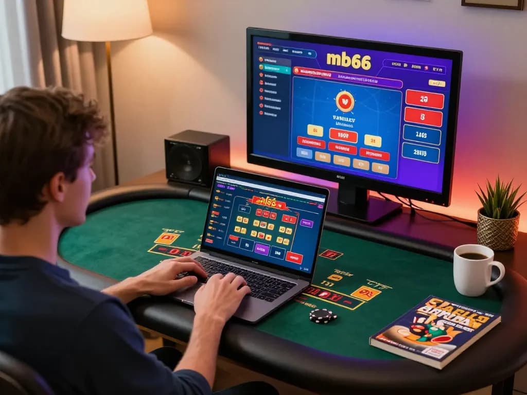 Player engaging in mb66 online casino game at home, focusing on blackjack with vibrant interface