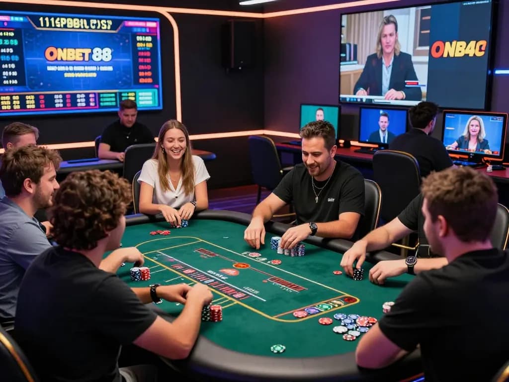 Action-packed moment at Onbet 88 gaming table with players enjoying Baccarat, showcasing vibrant chips and live interactions.