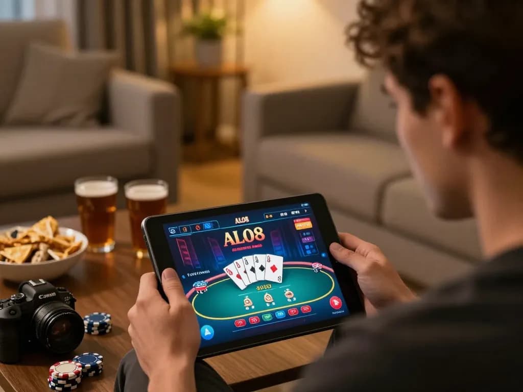 Playing on trang chủ alo8 to enjoy exciting online casino games in a cozy home setting.