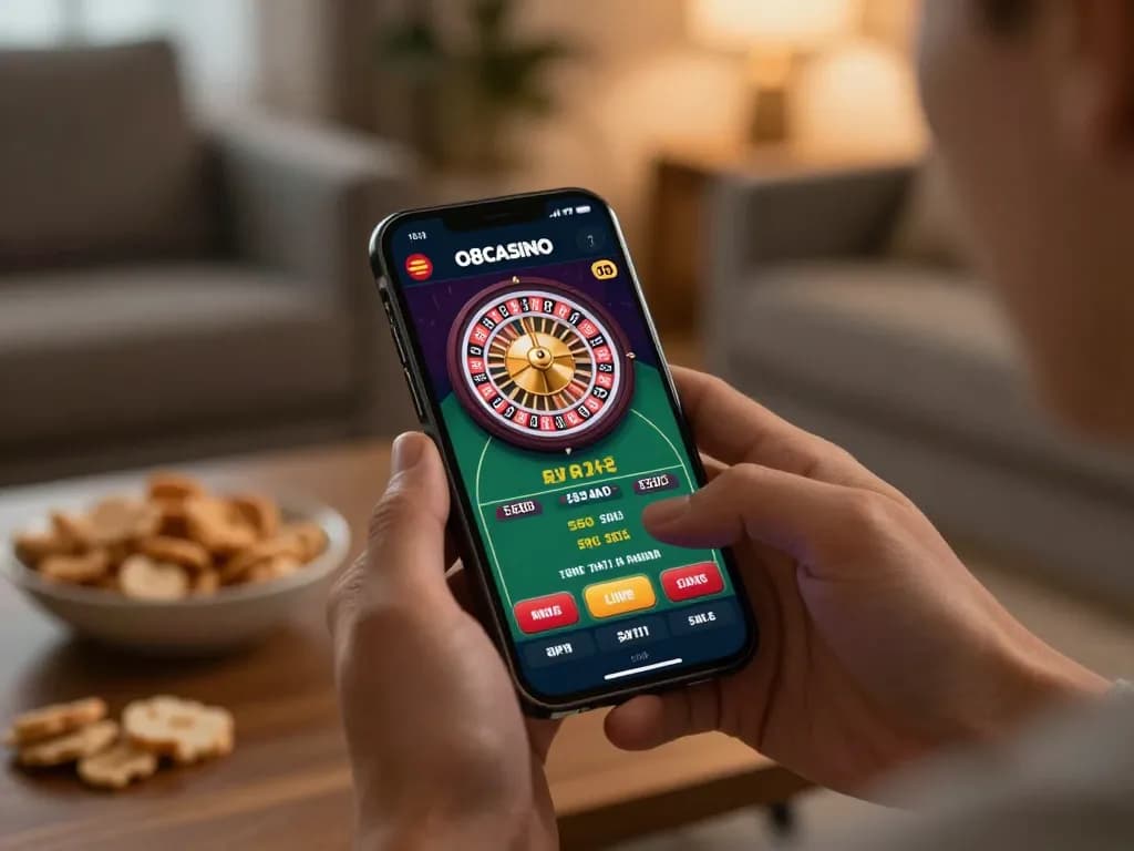 Player engaging in live action on o8casino's smartphone, highlighting an immersive gaming experience
