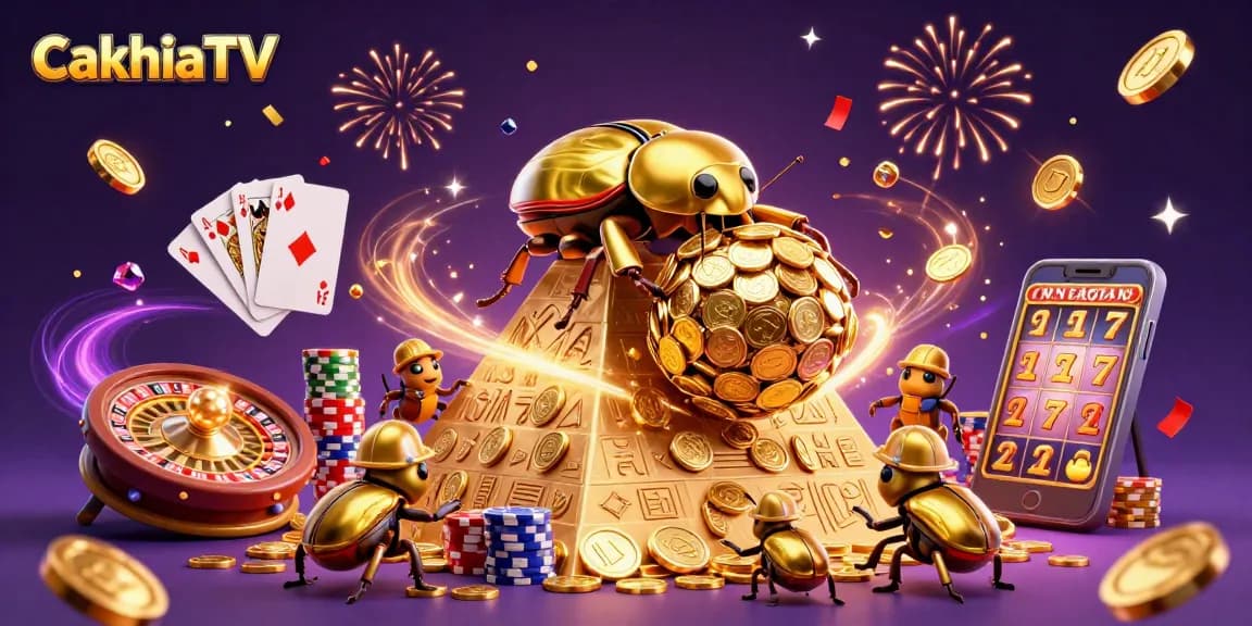 Experience the thrill of CakhiaTV with golden beetles, coins and casino elements!