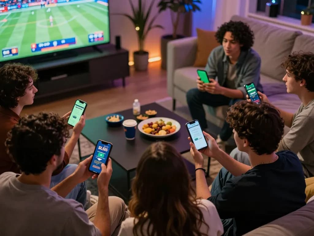 Friends excitedly placing bets on BL555 app while watching live sports, creating a lively atmosphere.