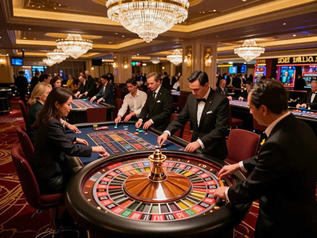 Engaged players at casino mb66 roulette table enjoying the thrill of betting in a luxurious setting.