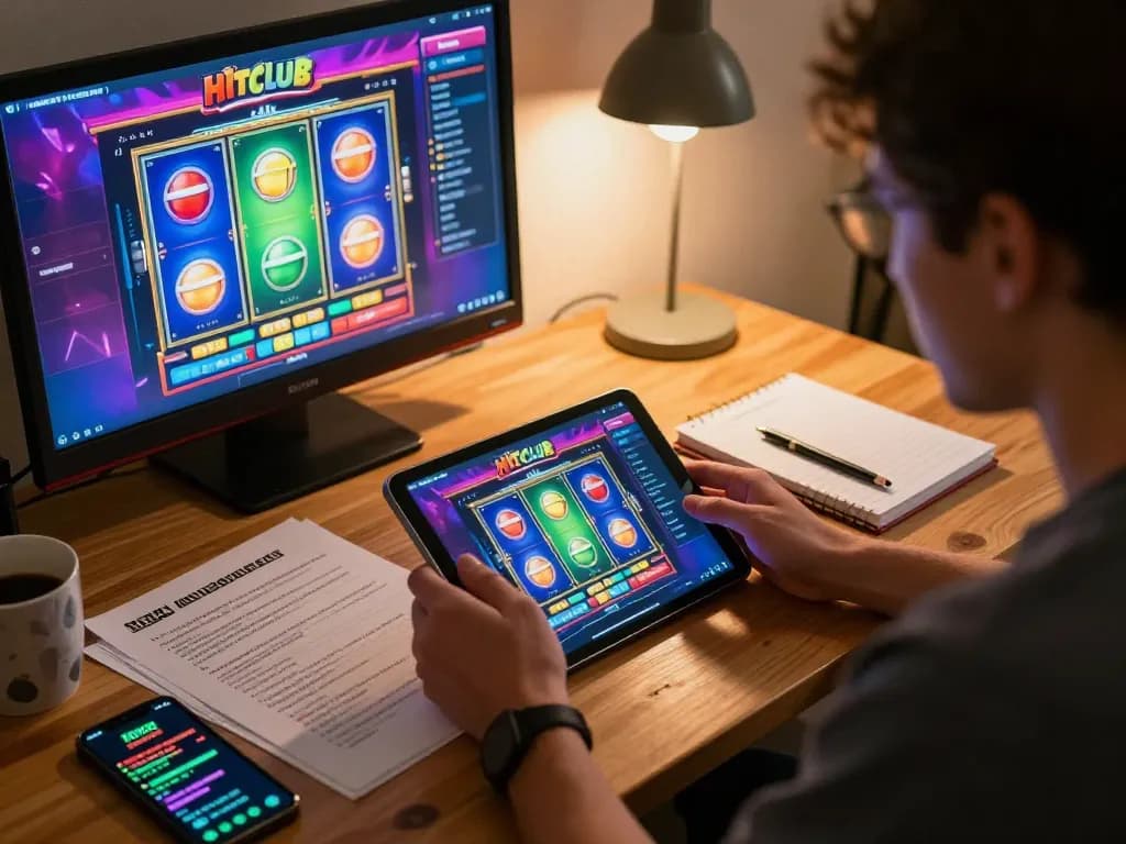 Engaged player using Hitclub app on tablet, immersed in online gaming experience, showcasing strategic entertainment.