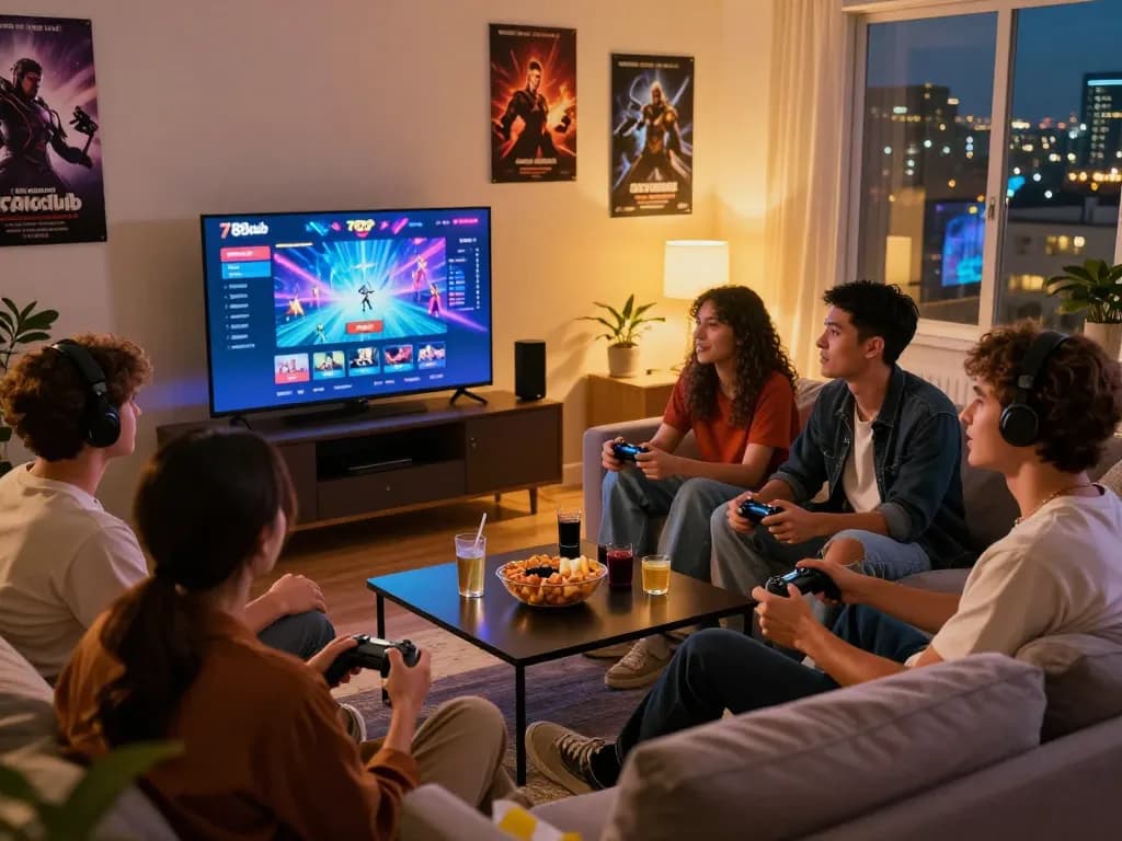 Friends celebrating while playing on 789club gaming platform with controllers and snacks in a cozy living room.