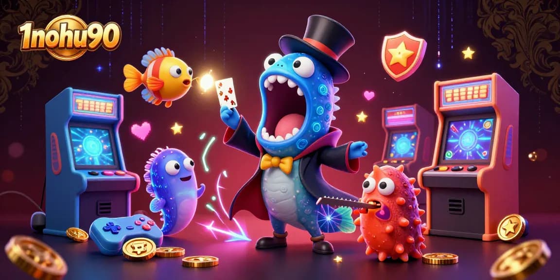 Experience the magic of 1nohu90 gaming with animated casino creatures showcasing vibrant arcade game elements.