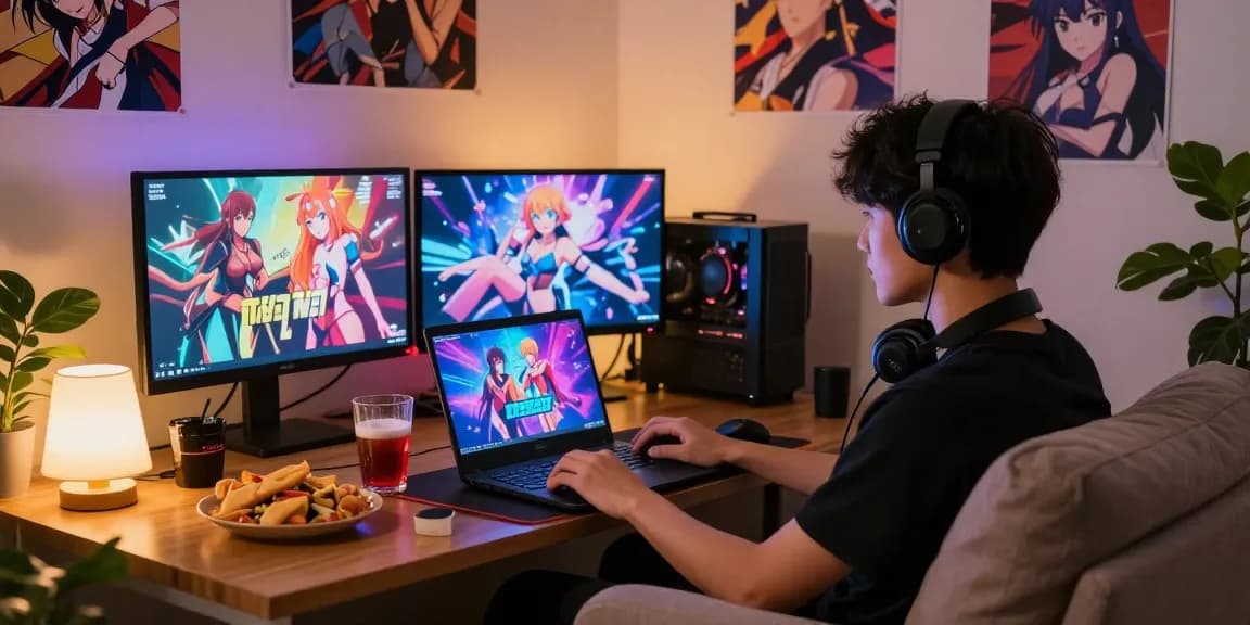 Engaging scene of a gamer playing free hentai games in a cozy home setting with snacks and anime decor.