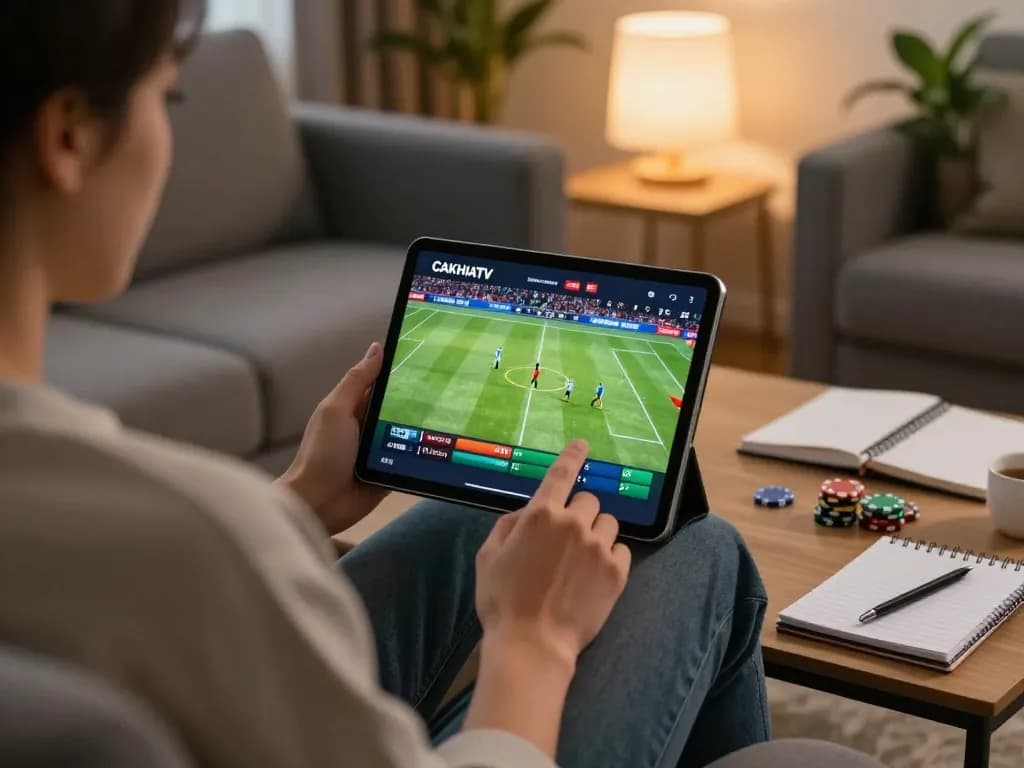 Watching CAKHIATV live football matches on tablet in cozy home setting