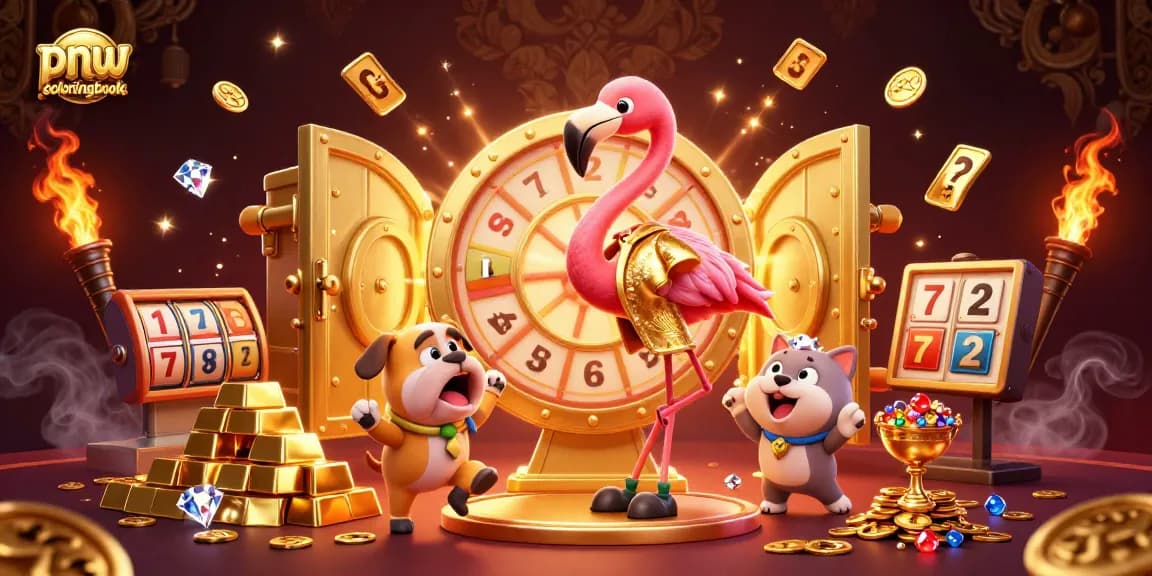 pnwcoloringbook celebrates with a lively game show scene showcasing exciting slot games and dazzling prizes.