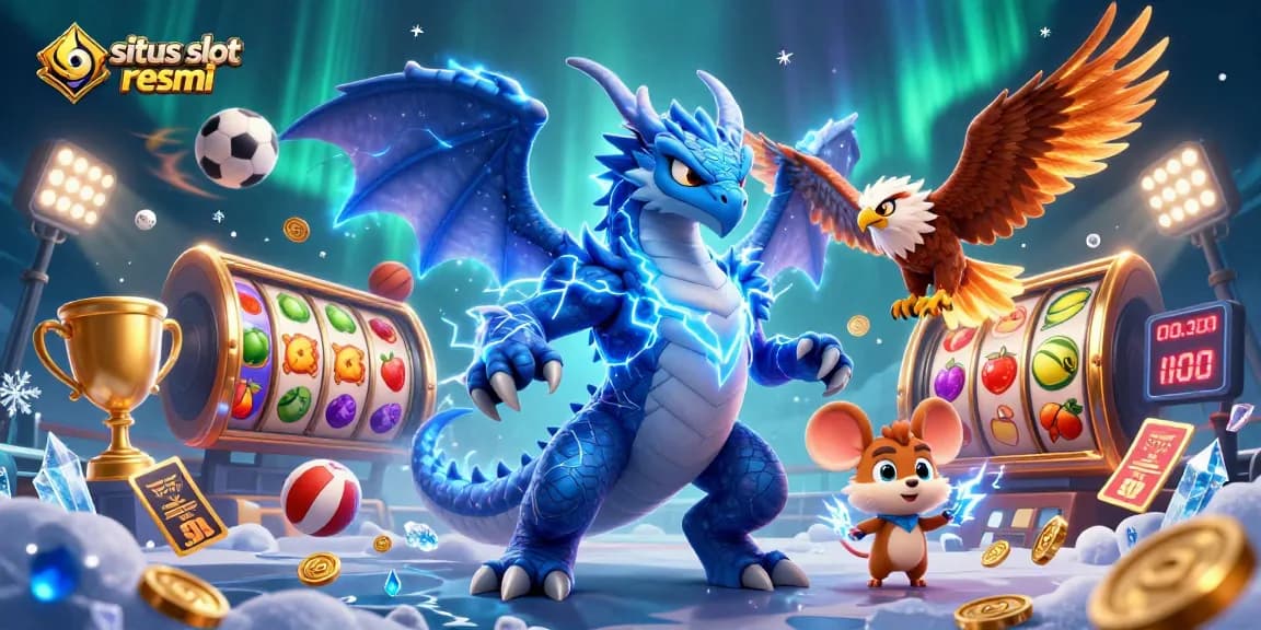Engaging illustration showcasing situs slot resmi with dynamic slot reels, vibrant symbols, and animated characters.