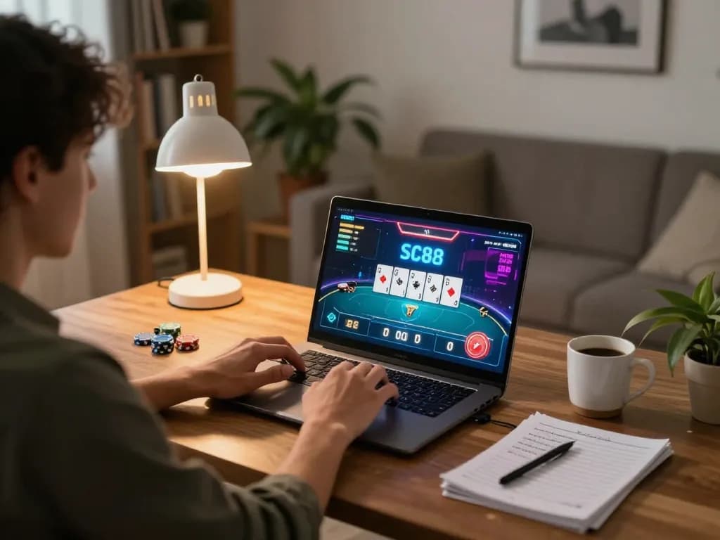 SC88 poker strategy in action on laptop with vibrant gameplay and cozy home setting