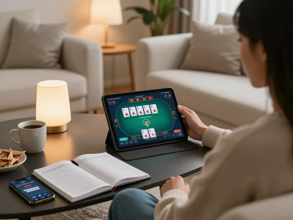 Player engaged in online poker gaming with fabet while managing bankroll at home, relaxed atmosphere