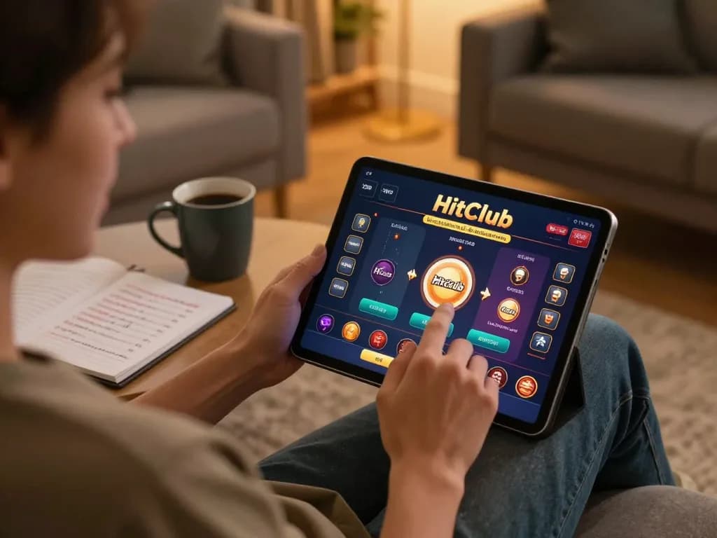 Person enjoying Hitclub gaming on a tablet in a cozy living room, showcasing responsible gambling.