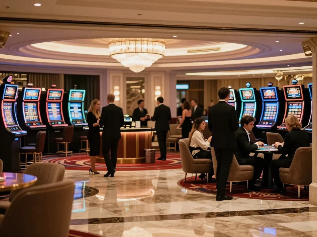 Tamu menikmati suasana mewah dari situs togel, menampilkan lobi kasino yang mewah dengan desain elegan dan kegembiraan taruhan tinggi.