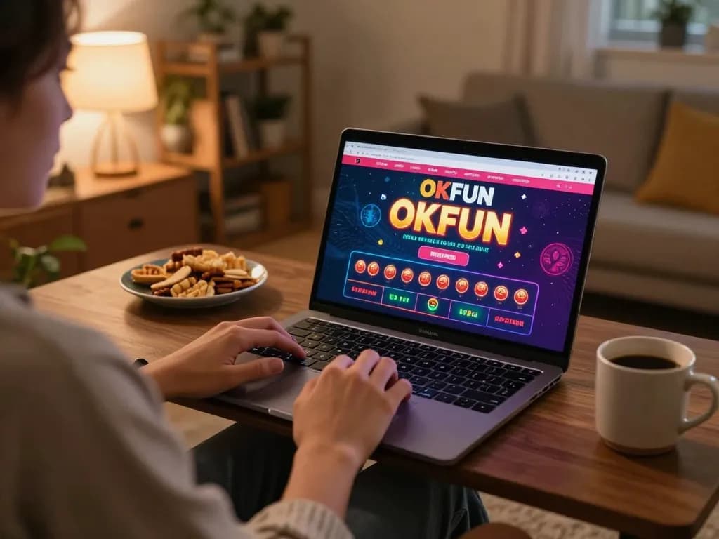 Engaged player betting on Okfun with laptop in a cozy home environment.