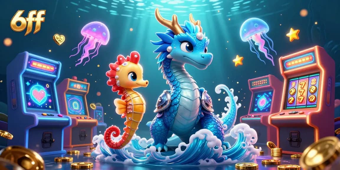 Engage in epic casino adventures with 6ff's vibrant underwater scene featuring an azure dragon and dynamic slot machines.