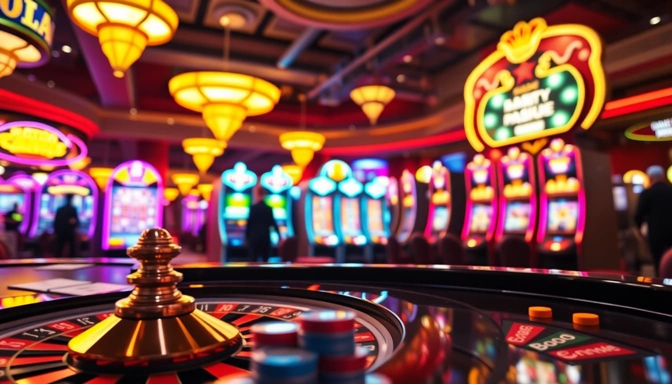 Erleben Sie aufregende casinospiele in einer dynamischen Casino-Umgebung mit leuchtenden Farben.