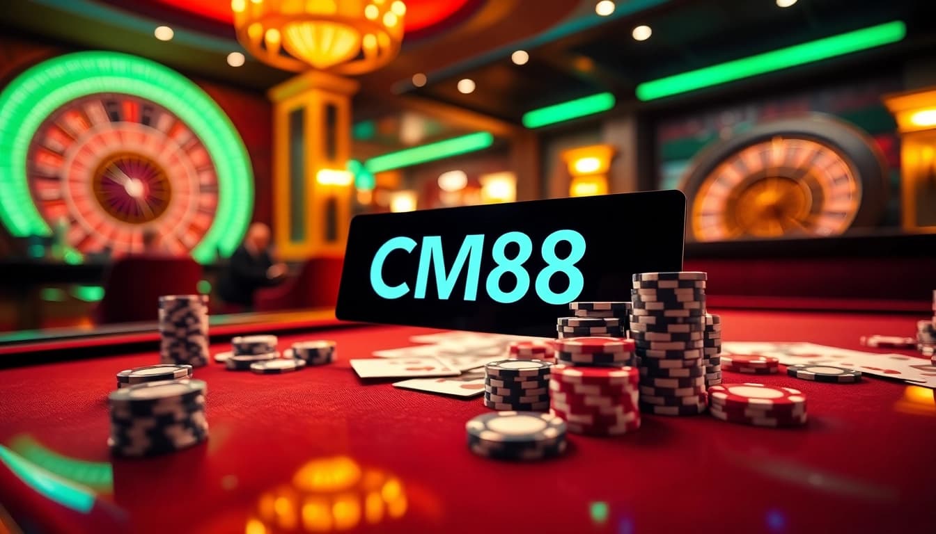 Join an exhilarating casino experience with CM88 at a luxurious gaming table, vibrant colors, and high-stakes excitement.