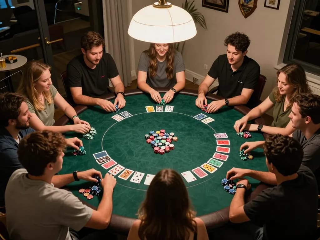 Friends playing poker on a round table during a fun night showcasing bong88viva for strategic gameplay.